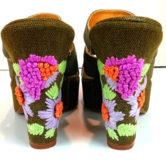 Zinc Women Olive Green Floral Embroidered Wedge Platform Open Toe Sandal sz 8.5 - Picture 7 of 9